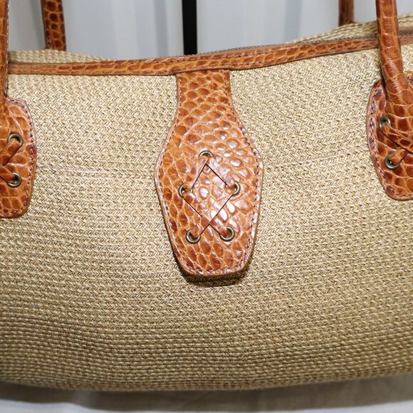 Eric Javits Women's Straw Rafia Shoulder Bag East West Design Croc Embossed Tan - Picture 2 of 13